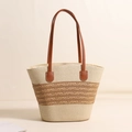 Striped woven straw tote bag with brown leather handles and hollow mesh detail - PU Strap Weave Beige / Beige Hollow Style