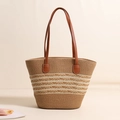 Striped straw tote bag with brown faux leather handles for summer beach vacations - PU Strap Weave Coffee / Coffee Hollow Style