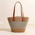 Striped straw tote bag with brown leather handles for summer beach vacations and daily use - PU Strap Sesame Stripe / Striped Color Matching Style