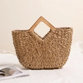 Borsa a mano semicircolare in paglia intrecciata con manico in legno e fili dorati - Stile con manico in legno a rombi e semicerchio