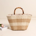 Minimalist straw woven beach bag with bamboo handles and checkered stripe pattern - Bamboo Handle Check/Striped Color Block