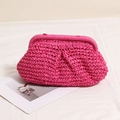 Handmade magenta woven straw clutch bag with a pleated cloud design for beach holidays - Rose Red