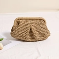 Handcrafted khaki pleated woven straw clutch bag for a stylish summer beach vacation look - Brown