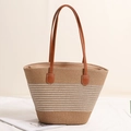 Borsa tote in paglia con strisce metalliche argento e manici in pelle marrone - Striscia d'argento