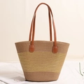 Grande borsa tote in paglia con strisce gialle e manici in pelle marrone per vacanze al mare - Righe dorate
