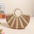 Borsa a mano semicircolare in paglia con strisce radiali e doppi manici rotondi - Patchwork Bicolore (con Fodera) Caffè