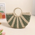 Borsa a semicerchio in paglia intrecciata a righe beige e verdi con manici tondi - Patchwork Bicolore (con Fodera) Verde