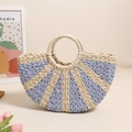 Borsa a mano semicircolare in paglia intrecciata a righe beige e blu con manici tondi - Patchwork Bicolore (con Fodera) Blu