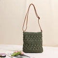 Sac bandoulière en paille tissé vert foncé avec sangle en cuir pour vacances à la plage - Vert