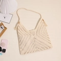 Borsa a tracolla in uncinetto beige con anelli di legno e dettagli di frange boho - Con Interno / Beige