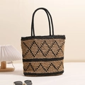 Retro-Stroh-Shopper mit geometrischem Muster, schwarzen Griffen und geräumigem Strand-Stil - Schwarzer Griff Geometrisches Muster