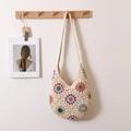 Böhmische Häkeltasche mit bunten Blumenmustern und Baumwollgewebe-Schultergurt - Naturweiß mit bunten Häkelblumen
