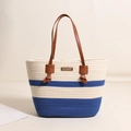 Large cotton woven tote bag with blue and beige stripes and brown leather handles - Leather Knot Cotton Thread Patchwork Light Blue