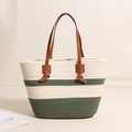 Large striped cotton woven tote bag with green accents and brown leather handles - Beige & Green Striped