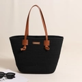 Black cotton woven tote bag with brown leather handles and rectangular metal logo - Leather Knot Cotton Thread Black