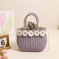 Bolso de paja morado hecho a mano con flores de ganchillo y forro con lunares blancos - Estilo Tejido Púrpura (墩小花 紫) / Morado