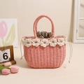 Bolso de paja rosa hecho a mano con flores de ganchillo y forro de lunares para verano - Estilo Tejido Rosa (墩小花 粉) / Rosa