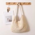 Borsa a spalla beige in cotone intrecciato con motivo floreale traforato stile boho - Uncinetto Granny Square / Beige