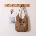 Large brown straw tote bag with hollow woven patterns for beach vacation and casual use - Triple Layer Hollow Flower / Coffee