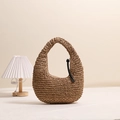 Handmade woven straw tote bag with black leather tassel detail for summer beach vacation - Coffee (Moon Tassel)