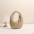 Minimalist straw handbag with crescent shape and tassel handle for beach vacation fashion - Beige (Moon Tassel)