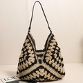 Handcrafted woven crochet tote bag with black and beige geometric patterns and leather strap - Black/White