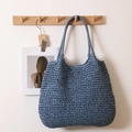 Bolso tote tejido azul marino de gran capacidad con textura de ganchillo en gancho de madera - Azul