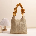 Borsa in paglia con manici in tessuto arricciato giallo per vacanze al mare - Manico a Volant Giallo (Volant Giallo)