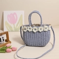 Bolso bandolera de paja azul claro con flores blancas y forro con cordón - Estilo Tejido Azul-Púrpura (墩小花 蓝) / Azul