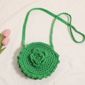 Handmade green round crochet crossbody bag with 3D floral knit pattern and woven strap - Green