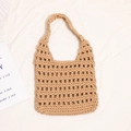 Hollow out woven cotton crochet tote bag in beige displayed on white fabric background - Regular Fit / Coffee
