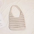 Chic beige cotton woven tote bag with hollow mesh design for summer beach vacation - Regular Fit / Off White