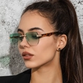 Detail of rimless square sunglasses with gradient green lenses and leopard print temples - C04 Gradient Green