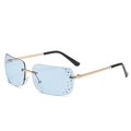Frameless blue gradient sunglasses with rhinestone embellishments and gold metal temples - Gold Transparent Blue