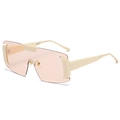 Trendy rimless shield sunglasses with oversized peach pink lens and cream white frame accents - Beige