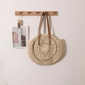 Bolso capazo redondo de paja estilo francés con tejido calado y asas de cuero marrón - Beige Hueco Redondo