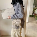 Böhmische gewebte Baumwoll-Umhängetasche mit schicken Fransen und Häkelmuster für Damen - Beige Baumwolle Quaste