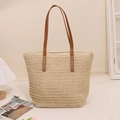 Stroh-Stoffbeutel in Beige mit braunen Ledergriffen und dekorativer V-Förmigen Naht - Beige