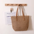 Khaki handgewebte Stroh-Tote-Bag mit braunen Ledergriffen für den Sommerstrandurlaub - Kaffeebraun