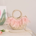 Sac à main demi-lune en paille à plumes roses avec anse ronde et bandoulière tissée - Beige + Plume Rose