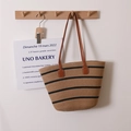 Large capacity straw woven tote bag with black stripes and brown leather shoulder straps - Wide Stripes With Strap