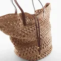 Borsa tote in paglia traforata fatta a mano con manici in pelle marrone e trama naturale - Stile Cavo a Forma di Ventaglio / caffè
