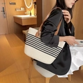 Bolso tote de algodón tejido a rayas con asas de cuero sintético para playa o viaje - Raya Fina Beige