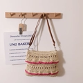 Beige straw crossbody bag with pink ruffled edges and brown adjustable shoulder strap - Pink Ruffle