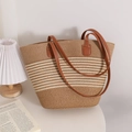 Large straw tote bag with white stripes and brown leather handles for summer beach - Beige Stripes With Strap