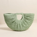 Light green crescent straw handbag with woven texture and integrated hollow handle - Square Handle Semi-Circle Crochet / Green
