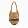 Handgefertigte Häkel-Strohtasche mit Blumenmuster und schwarzen Streifen für den Strandurlaub - Schulter Eimer Blumen Stil Mit Innenfutter