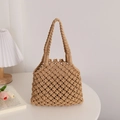 Hollow out woven cotton rope tote bag in beige color for summer beach vacation - Coffee
