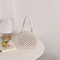 Handmade cream hollow woven cotton rope handbag with thick braided handles for summer beach - White