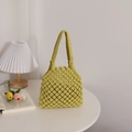 Straw yellow hollow woven handbag with diamond pattern for summer beach vacations - Yellow